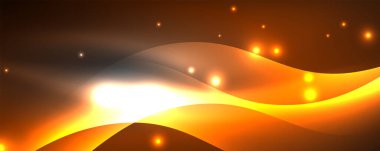 Parlak neon dalgalar, ışık çizgileri soyut arkaplan. Sihirli enerji ve hareket konsepti. Vektör duvar kağıdı şablonu