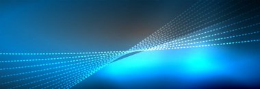 Parlak ışık dalga çizgisi parçacıkları olan parlak bir arkaplan. Duvar kağıdı arkaplanı, iş ve teknoloji sunumları için tasarım şablonları, İnternet posterleri veya web broşürü kapakları