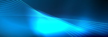 Parlak ışık dalga çizgisi parçacıkları olan parlak bir arkaplan. Duvar kağıdı arkaplanı, iş ve teknoloji sunumları için tasarım şablonları, İnternet posterleri veya web broşürü kapakları