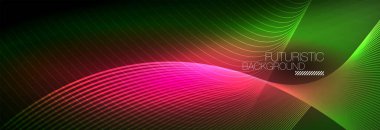 Karanlıkta dalgalarla parlayan soyut neon ışığı. Parlak sihirli enerji ve hareket konsepti, vektör soyut duvar kağıdı arkaplanı