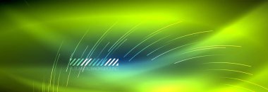 Neon parlayan çizgiler, sihirli enerji ve ışık hareketi arka planı. Vektör duvar kağıdı şablonu