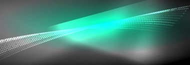 Parlak ışık dalga çizgisi parçacıkları olan parlak bir arkaplan. Duvar kağıdı arkaplanı, iş ve teknoloji sunumları için tasarım şablonları, İnternet posterleri veya web broşürü kapakları