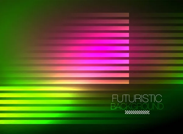 Lumineux néon couleur techno fond abstrait, luisant lignes néon dans le fond sombre — Image vectorielle