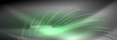 Neon parlayan çizgiler, sihirli enerji ve ışık hareketi arka planı. Vektör duvar kağıdı şablonu