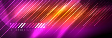 Neon parlayan çizgiler, sihirli enerji ve ışık hareketi arka planı. Vektör duvar kağıdı şablonu