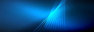 Parlak ışık dalga çizgisi parçacıkları olan parlak bir arkaplan. Duvar kağıdı arkaplanı, iş ve teknoloji sunumları için tasarım şablonları, İnternet posterleri veya web broşürü kapakları