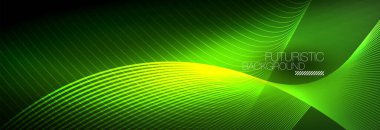 Karanlıkta dalgalarla parlayan soyut neon ışığı. Parlak sihirli enerji ve hareket konsepti, vektör soyut duvar kağıdı arkaplanı