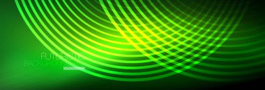 Parlayan neon halkaları olan koyu soyut bir arka plan. İş ya da teknoloji sunumu, İnternet posteri ya da web broşürü kapağı, duvar kağıdı için modaya uygun tasarım şablonu