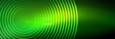 Parlayan neon halkaları olan koyu soyut bir arka plan. İş ya da teknoloji sunumu, İnternet posteri ya da web broşürü kapağı, duvar kağıdı için modaya uygun tasarım şablonu