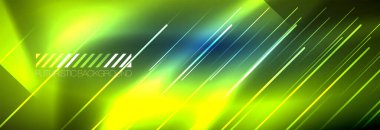 Neon parlayan çizgiler, sihirli enerji ve ışık hareketi arka planı. Vektör duvar kağıdı şablonu