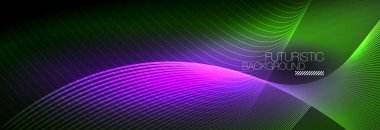 Karanlıkta dalgalarla parlayan soyut neon ışığı. Parlak sihirli enerji ve hareket konsepti, vektör soyut duvar kağıdı arkaplanı