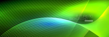 Karanlıkta dalgalarla parlayan soyut neon ışığı. Parlak sihirli enerji ve hareket konsepti, vektör soyut duvar kağıdı arkaplanı