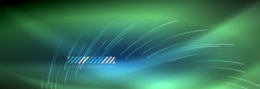 Neon parlayan çizgiler, sihirli enerji ve ışık hareketi arka planı. Vektör duvar kağıdı şablonu