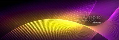 Karanlıkta dalgalarla parlayan soyut neon ışığı. Parlak sihirli enerji ve hareket konsepti, vektör soyut duvar kağıdı arkaplanı