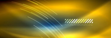 Neon parlayan çizgiler, sihirli enerji ve ışık hareketi arka planı. Vektör duvar kağıdı şablonu