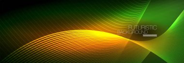 Karanlıkta dalgalarla parlayan soyut neon ışığı. Parlak sihirli enerji ve hareket konsepti, vektör soyut duvar kağıdı arkaplanı