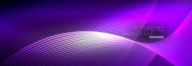 Karanlıkta dalgalarla parlayan soyut neon ışığı. Parlak sihirli enerji ve hareket konsepti, vektör soyut duvar kağıdı arkaplanı