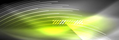 Neon parlayan çizgiler, sihirli enerji ve ışık hareketi arka planı. Vektör duvar kağıdı şablonu