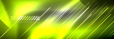 Neon parlayan çizgiler, sihirli enerji ve ışık hareketi arka planı. Vektör duvar kağıdı şablonu