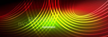 Parlayan neon halkaları olan koyu soyut bir arka plan. İş ya da teknoloji sunumu, İnternet posteri ya da web broşürü kapağı, duvar kağıdı için modaya uygun tasarım şablonu