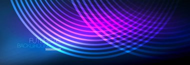 Parlayan neon halkaları olan koyu soyut bir arka plan. İş ya da teknoloji sunumu, İnternet posteri ya da web broşürü kapağı, duvar kağıdı için modaya uygun tasarım şablonu