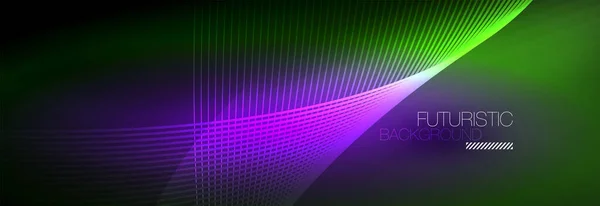 Luz resplandeciente de neón abstracta en la oscuridad con olas. Brillante concepto de energía mágica y movimiento, vector abstracto fondo de pantalla — Vector de stock