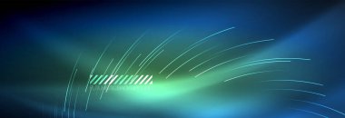 Neon parlayan çizgiler, sihirli enerji ve ışık hareketi arka planı. Vektör duvar kağıdı şablonu