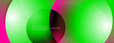 Gölgeli gradyan daireler. Vektör tekno soyut arka plan. Modern üstüste bindirme formları duvar kağıdı arkaplanı, tasarım şablonu