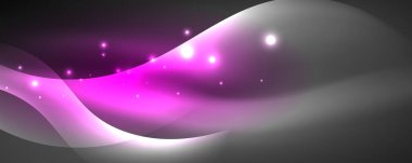 Parlak neon dalgalar, ışık çizgileri soyut arkaplan. Sihirli enerji ve hareket konsepti. Vektör duvar kağıdı şablonu