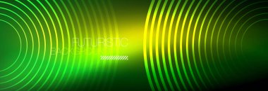 Parlayan neon halkaları olan koyu soyut bir arka plan. İş ya da teknoloji sunumu, İnternet posteri ya da web broşürü kapağı, duvar kağıdı için modaya uygun tasarım şablonu