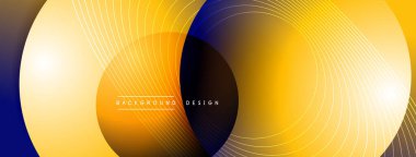 Gölgeli gradyan daireler. Vektör tekno soyut arka plan. Modern üstüste bindirme formları duvar kağıdı arkaplanı, tasarım şablonu