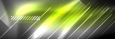 Neon parlayan çizgiler, sihirli enerji ve ışık hareketi arka planı. Vektör duvar kağıdı şablonu