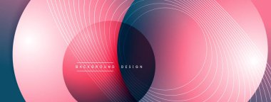 Gölgeli gradyan daireler. Vektör tekno soyut arka plan. Modern üstüste bindirme formları duvar kağıdı arkaplanı, tasarım şablonu