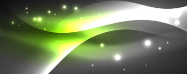 Parlak neon dalgalar, ışık çizgileri soyut arkaplan. Sihirli enerji ve hareket konsepti. Vektör duvar kağıdı şablonu