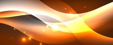 Parlak neon dalgalar, ışık çizgileri soyut arkaplan. Sihirli enerji ve hareket konsepti. Vektör duvar kağıdı şablonu