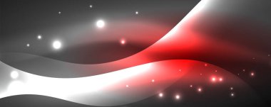 Parlak neon dalgalar, ışık çizgileri soyut arkaplan. Sihirli enerji ve hareket konsepti. Vektör duvar kağıdı şablonu