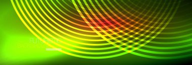 Parlayan neon halkaları olan koyu soyut bir arka plan. İş ya da teknoloji sunumu, İnternet posteri ya da web broşürü kapağı, duvar kağıdı için modaya uygun tasarım şablonu