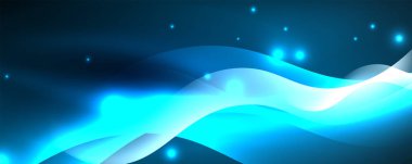 Parlak neon dalgalar, ışık çizgileri soyut arkaplan. Sihirli enerji ve hareket konsepti. Vektör duvar kağıdı şablonu