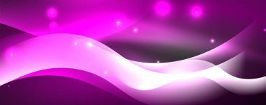 Parlak neon dalgalar, ışık çizgileri soyut arkaplan. Sihirli enerji ve hareket konsepti. Vektör duvar kağıdı şablonu