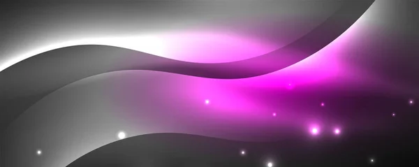 Brillante onda de neón brillante, líneas de luz fondo abstracto. Concepto de energía mágica y movimiento. Plantilla de papel pintado vectorial — Vector de stock