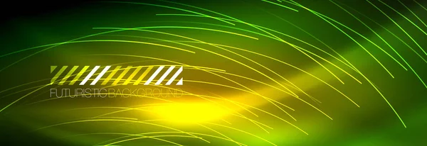Neon glowing lines, magic energy and light motion background. Vector wallpaper template — Stock Vector