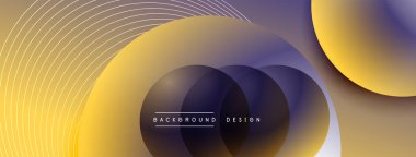 Gölgeli gradyan daireler. Vektör tekno soyut arka plan. Modern üstüste bindirme formları duvar kağıdı arkaplanı, tasarım şablonu