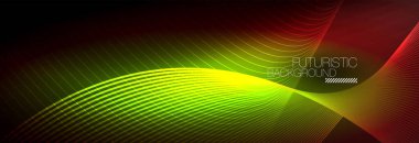 Karanlıkta dalgalarla parlayan soyut neon ışığı. Parlak sihirli enerji ve hareket konsepti, vektör soyut duvar kağıdı arkaplanı