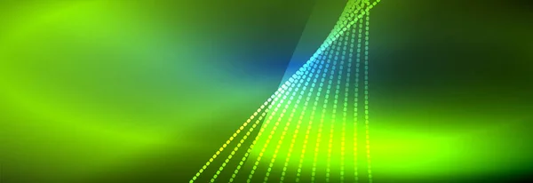 Neon glanzende kleur achtergrond met licht gloeiende golflijn deeltjes. Achtergronden van behang, ontwerpsjablonen voor zakelijke of technologische presentaties, internetposters of omslagen van webbrochures — Stockvector