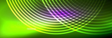 Parlayan neon halkaları olan koyu soyut bir arka plan. İş ya da teknoloji sunumu, İnternet posteri ya da web broşürü kapağı, duvar kağıdı için modaya uygun tasarım şablonu