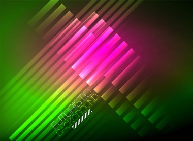 Parlak neon rengi tekno soyut arkaplan, koyu arkaplanda parlak neon çizgiler
