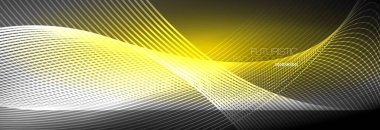 Karanlıkta dalgalarla parlayan soyut neon ışığı. Parlak sihirli enerji ve hareket konsepti, vektör soyut duvar kağıdı arkaplanı