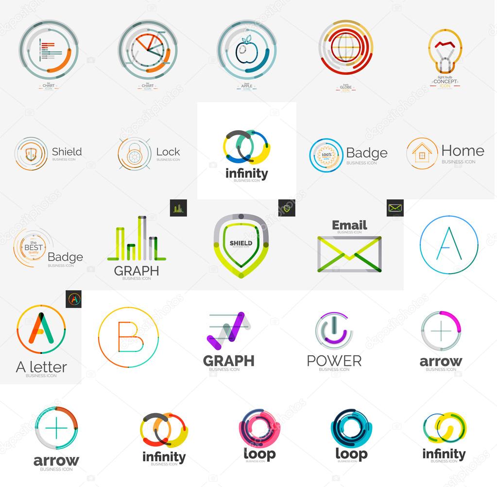 Set of abstract universal company logos - icons, swirls, letter, web symbols, loops and other