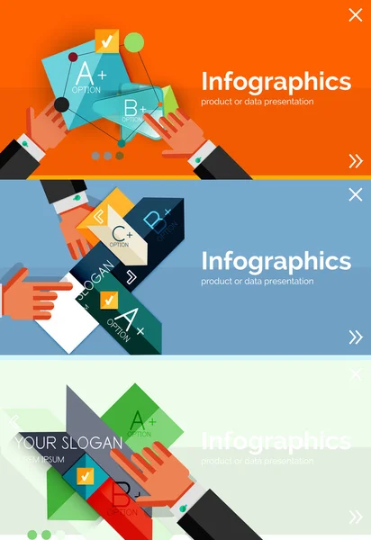 Set di banner di design piatto infografico con mani — Vettoriale Stock