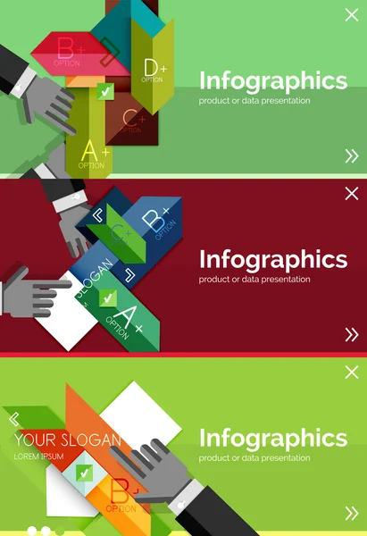 Conjunto de banner de diseño plano infográfico con manos — Vector de stock